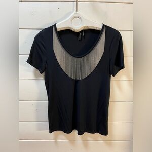 MARCIANO – Black T-Shirt with Silver Chain Detail (Size XS)